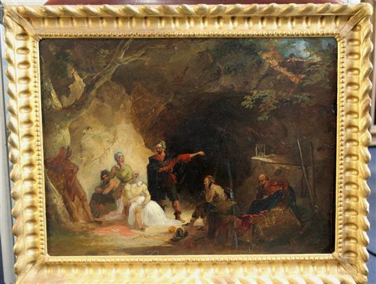 John Hamilton Mortimer (1740-1779) A theatrical scene with figures outside a cave, 13 x 17.5in.